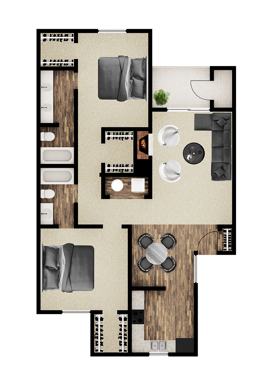 Floor plan for 2 beds, 2 baths, 1070 sqft